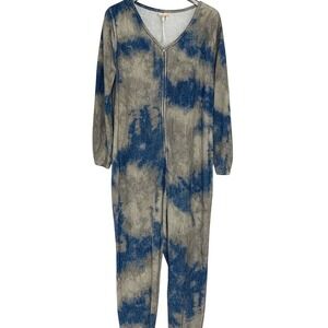 Natural Life Tie-Dye Fleece Zip Pajama‎ Jumpsuit Blue Gray Medium